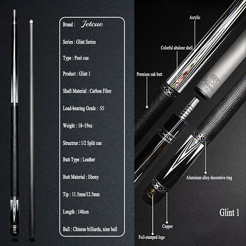 JETCUE ジェットキュー ビリヤード カーボンシャフト搭載キュー【Glint】GLI1 天然黒檀木（エボニー） クラシックインレイモデル